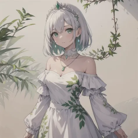 female, short white hair, white and green off shoulder dress, pendant necklace, tiara, green leaves embroidered on dress