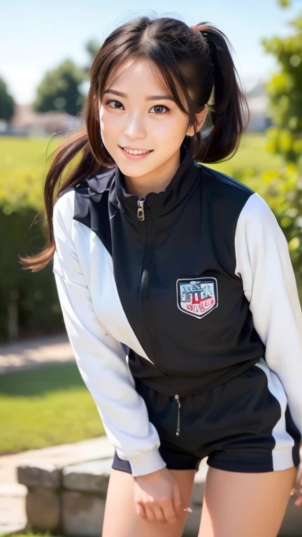 1girl, solo, long hair, looking at viewer, smile with teeth, black hair, brown eyes, outdoors, ponytail, hair tie, (leaning forward), track jacket, track suit, track pants, exposed thigh, 22years old japanese lady, double vertical stripe, (best quality,4k,...