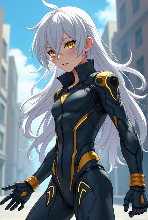 Teenager in Boku no Hero with long white hair, yellow eyes, White skin, slim body but with good attributes, suit equal to nier: YoRHa No Automata.2 Type B