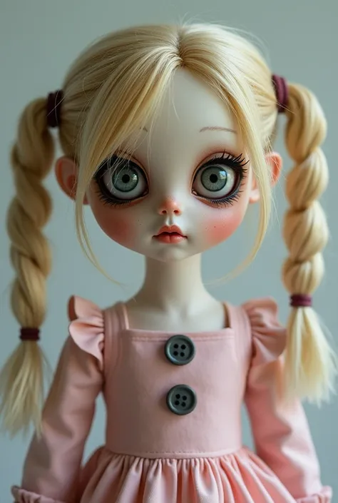 dirty blonde coraline doll with buttons as eyes and dressed in pink
