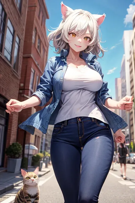 masterpiece, Highest quality, Bruhanekawa, short hair, Cat ear, elongated pupils, Large Breasts, Blue jacket, White shirt, jeans, Outdoor, walk, Cityscape, street, View your viewers, blue sky, smile