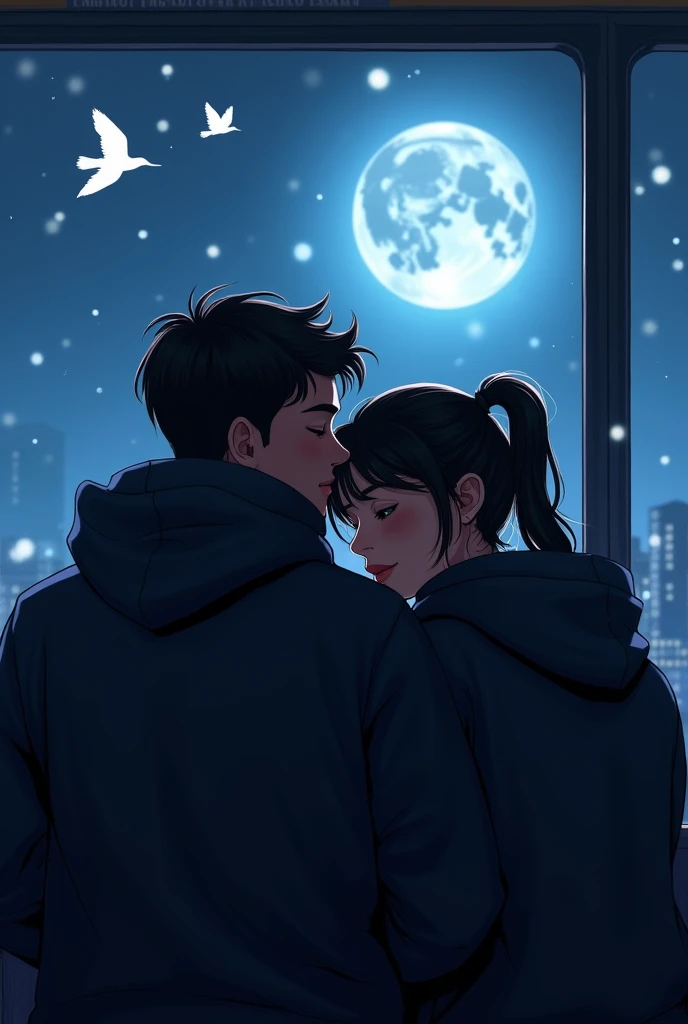 (photorealism:1.2), an Indian boy ,20 years old with  black hoodie and an Indian girl ,20 years old black hoodies  and a messy ponytail putting her head on his shoulder enjoying sitting in a bus with bioluminense on beautiful full moon night
With 2 white l...