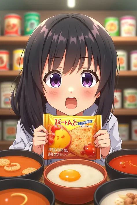 The exciting discovery**  
suddenly, his eyes light up. Over there, among all the common soups, a vibrant and modern package appears (anime style)