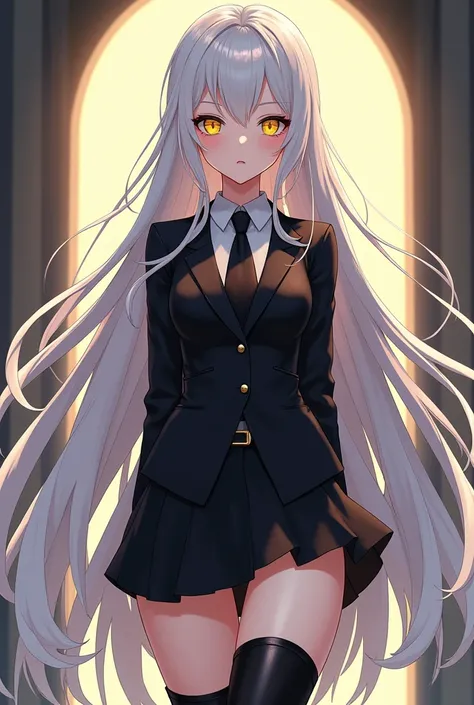 Teenager in Boku no Hero with long white hair, yellow eyes, White skin, slim body but with good attributes, black short skirt suit with black thigh high boots 