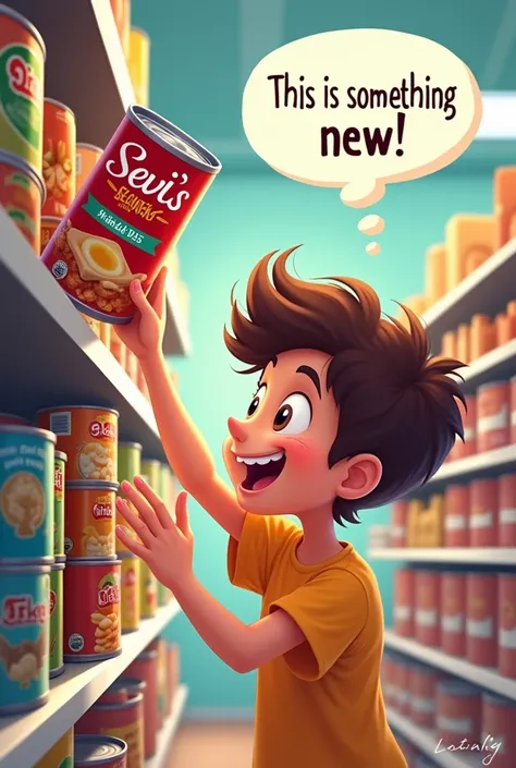 The girl takes the package of *Levi’s Soup* from the shelf. with a smile on his face, think: *"This is something new!"* The cartoon shows him putting back the other boring soups and enthusiastically taking the Levi&#39;s one.. The packaging stands out clea...