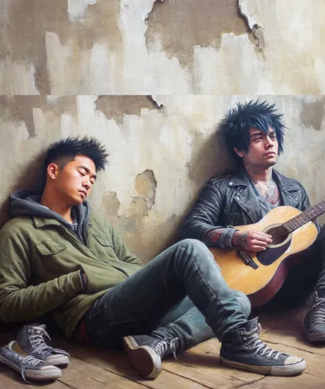 oil painting of an asian man ,2, rambut short and spiky, wearing a hoodie, jeans and sneakers, sleeping leaning against the wall, next to him a man who looks like billy armstrong is holding a guitar, old wall background, Realistic original image