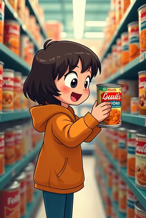 The girl takes the package of *Levi’s Soup* from the shelf. with a smile on his face, think: *"This is something new!"* The cartoon shows him putting back the other boring soups and enthusiastically taking the Levi&#39;s one.. The packaging stands out clea...