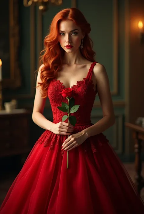 Woman in red evening dress with red hair and a rose in her hands 