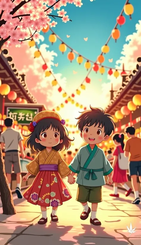 Ghibli style、Anime image boy and girl、
At the summer festival、Make a picture of you playing