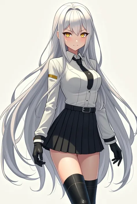 Teenager in Boku no Hero with long white hair, yellow eyes, White skin, slim body but with good attributes, black short skirt outfit with black thigh-high boots just like the anime "nier: automata"