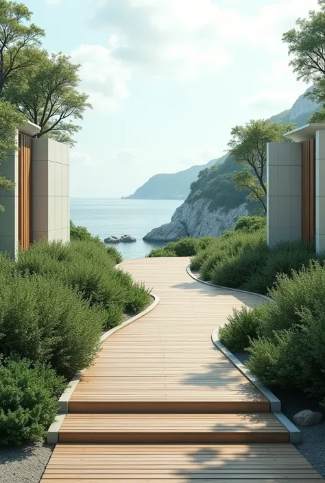 (photorealism:1.2), A serene view of a wooden path leading down towards the sea. On both sides of the path, there are bushes and trees, creating a natural and welcoming atmosphere. The wooden structures on the left and right seem to be part of a modern and...