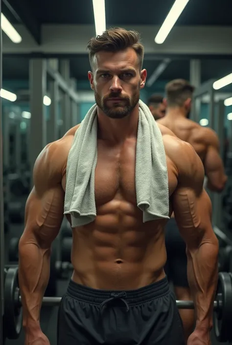 An athletic and determined man, Standing in front of a mirror, with a towel around the neck, sporting an expression of concentration and motivation. The background is a naturally lit gymnasium, highlighting details such as weights and training equipment. M...