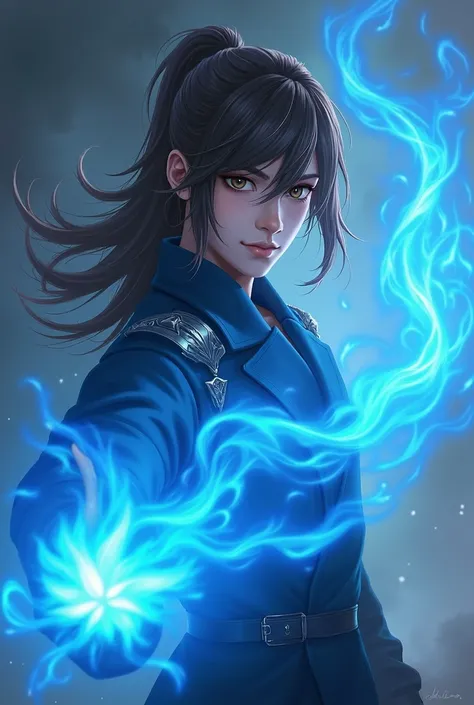 Create a powerful fire master with very powerful blue flames. very attractive 1 boy, White skin, semi-long brown hair,  with a small ponytail at the back, Brown eyes, Expert in all his skills and master in combat.Long hair, fringe, Brown hair, 