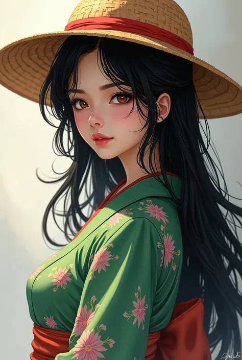 anime girl with long black hair with a brown hat like luffy&#39;s from one piece covering her eyes and wearing a green kimono with pink details