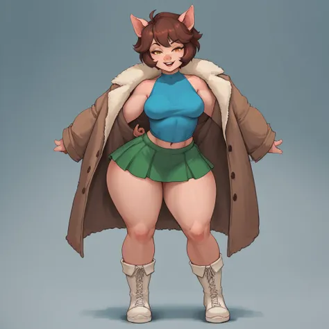 [2 people], (anthropomorphic pig woman, very short fluffy hair, medium breasts, attractive, blue top, green mini skirt, yellow knee-high boots, sleeveless, shapely body, pig tail, large, freckles, freckles on face, smug eyes, (expression of excitement), sh...