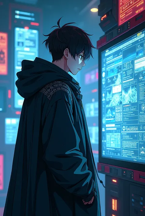 anime style character male historian with hood in cyber punk sage style facing screen
