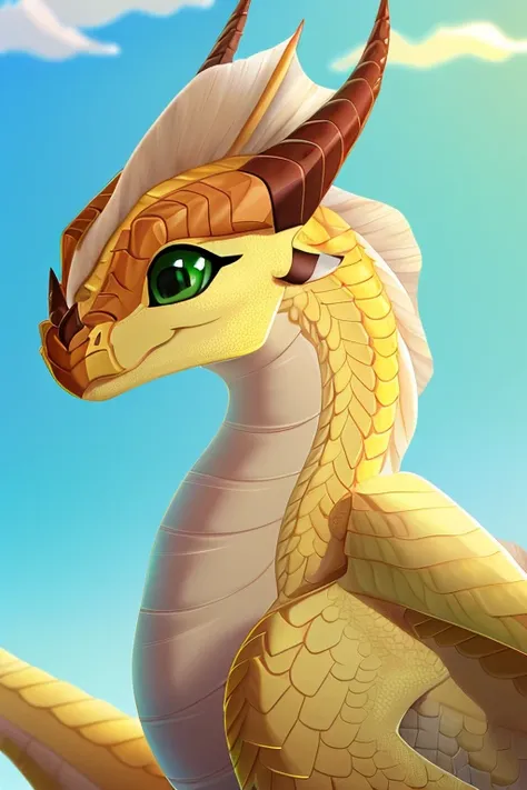 (wings of fire), female,((( dragon))),(((sunny))), (((green eyes))), (((yellow scales))), plain, (((higt quality picture))) , wi...