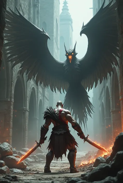 Kratos fighting two Dark Souls gargoyles in an epic setting, (old map style), God of War, Dark Souls, Epic