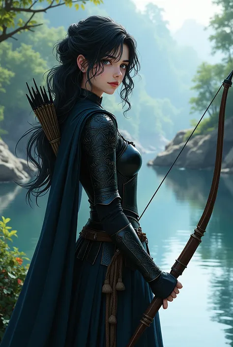 Pale Young Beautiful women who is around 22 wearing black onyx armour with raven black long hairs and has deep dark black eyes standing near a serene river Holding a Bow and a Quiver in her hand and is around 5 9 in height, High Resolution, Masterpiece, Me...