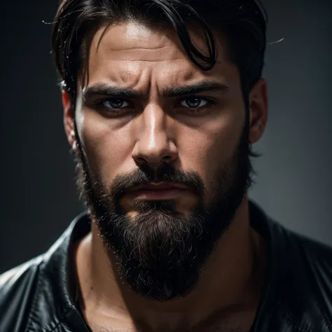 Create a close-up avatar of a serious-looking man with dark hair, short beard, and strong facial features, staring intensely at the viewer. The background should be blurred rain, maintaining the focus on the mans face. The avatar should evoke a sense of em...