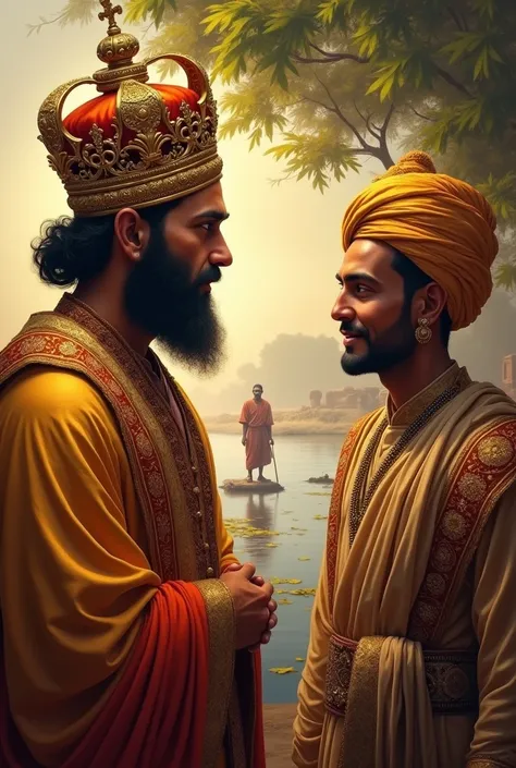 Prompt: "Illustrate Akbar, a regal king with a large crown, looking at Birbal with curiosity. His eyebrows are raised, and he has a slightly puzzled expression. His golden robe shimmers in the sunlight. Birbal, late 30s, stands beside him with a knowing sm...