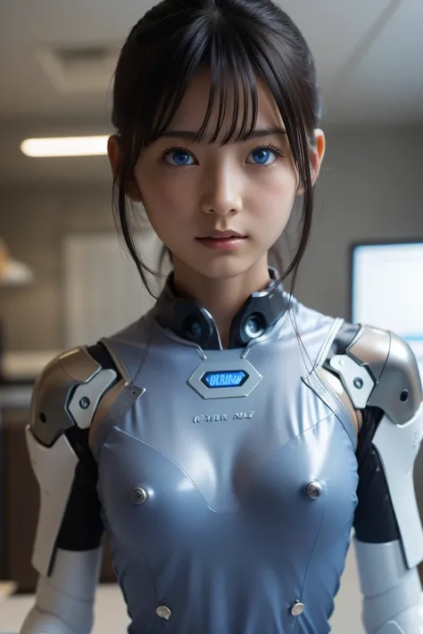 (highest quality, High resolution, masterpiece:1.2), Super detailed, realistic:1.37, (perfect anatomy),1 girl,cowboy shot,full body portrait,,close-up of woman, Cute and completely beautiful Japanese idol, female model、Modified into a cute cyborg,, (blue l...