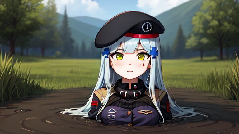 416_girlsfrontline, partially submerged, in mud, flooding up to the chest, upper body, military uniform, 416 face, beret,