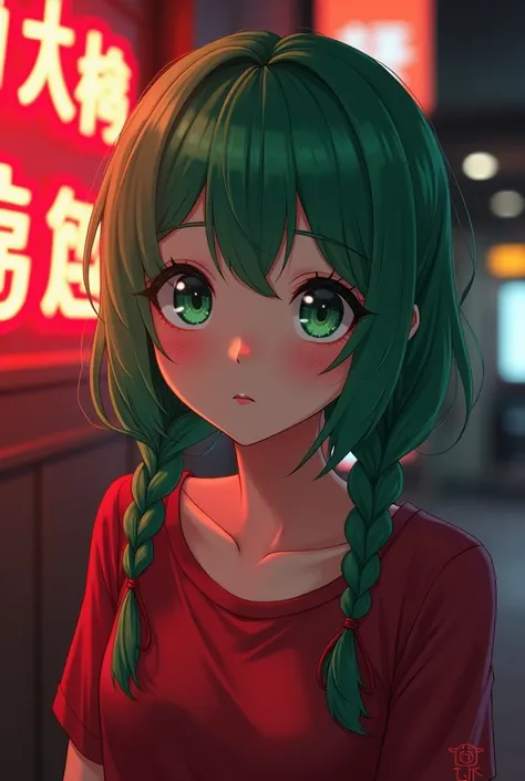 Young woman, anime, green hair, two braids, green eyes, tilted her head, looks at the viewer, Red shirt , tenderness, neon light, room , evening