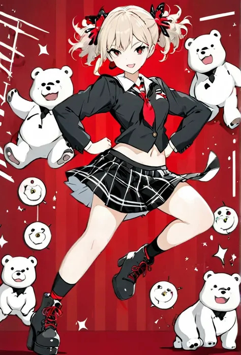 create himiko toga a full-body anime-style character with a dynamic, confident stance. she has long, wavy, light brown hair tied...