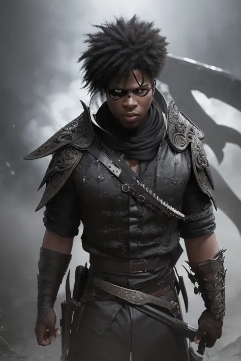 a black male tv, a white male with an eye patch, swords, logo, photo-realistic, hyper detailed, intricate, cinematic lighting, dramatic shadows, 8k, ultra detailed, masterpiece, digital art, fantasy, dark, moody, dramatic, cinematic, heroic, powerful, inte...