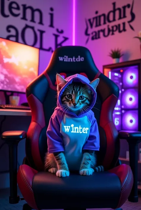 Kitten in purple and white hooded t-shirt, on which is the inscription " W1nter " with blue backlight. The cat looks at the observer, sitting on a gaming chair. На столе расположен красный монитор with purple backlight, and next to it there is a purple-bla...