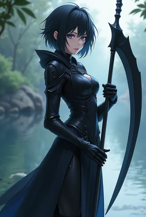 Pale Young Beautiful women who is around 22 wearing black onyx armour with raven black short hairs and has deep dark blue eyes standing near a serene river Holding a scythe in her hand and is around 5 9 in height, High Resolution, Masterpiece, Messy Hair, ...