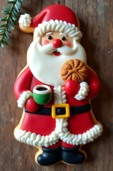 Je veux un biscuits sablés en glaçage royal réaliste, représentant le père Noël, bourré, avec une tasse de café dans une main, le nombril à l’air, et un pain d’épice l’autre main. Le père Noël porte son costume rouge et blanc 