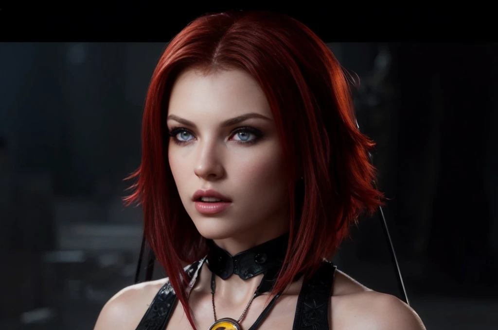 blood rayne, yelow eyes. (best quality,ultra-detailed,realistic:1.37),perfect face,hyper-realistic,sexy lips, short red hair,bea...