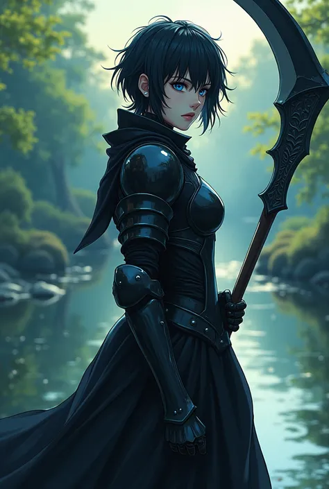 Pale Young Beautiful women who is around 30 wearing black onyx armour with raven black short hairs and has deep dark blue eyes standing near a serene river Holding a scythe in her hand and is around 5 9 in height, High Resolution, Masterpiece, Messy Hair, ...