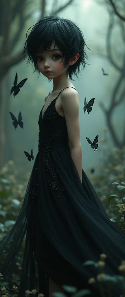 Black dress fairy boy black hair black eyes 3d cinematic look with butterflies 