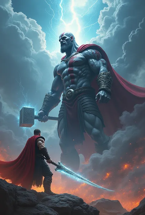 Kratos from God of War super realistic, against Thor God of Thunder
