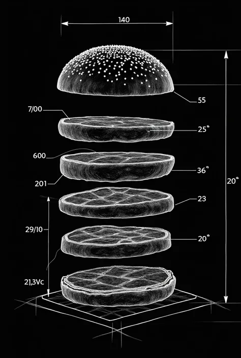 A technical, black-and-white blueprint-style illustration of a single hamburger. The burger is shown in a deconstructed view, with each layer floating slightly above the next, aligned in the correct order from bottom to top, and spaced out just enough to c...