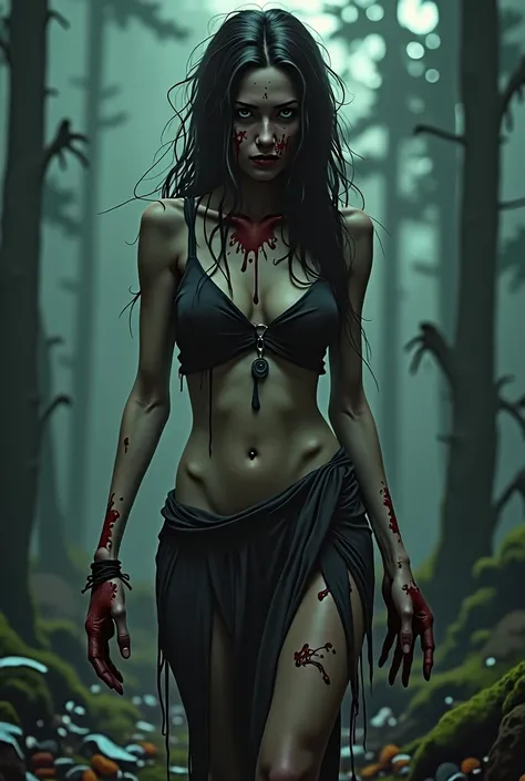 women, slim, his sunken and bleeding eyes, no fingers, face and clothes torn, full body and prostitute clothes in a forest