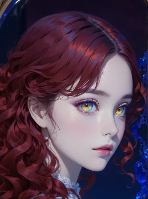 Victorian style, masterpiece, beautiful illustration, oval Victorian mirror with curls, blue color, purple color, one girl holds her hand on the mirror and looks at the viewer, the girl has red wavy hair and yellow eyes, a white Victorian dress, in the ref...