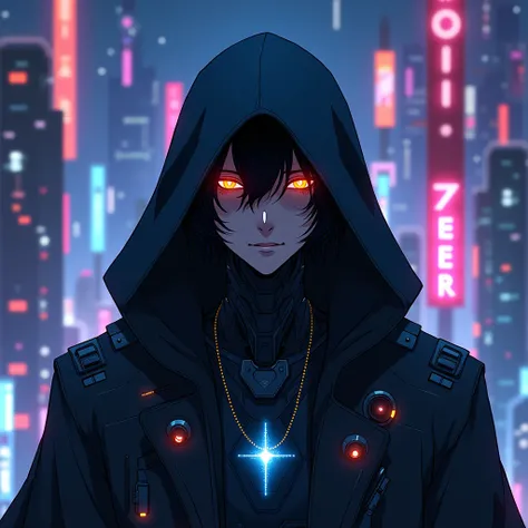 anime character historian with hood with cyberpunk features anonymous futuristic profile 



