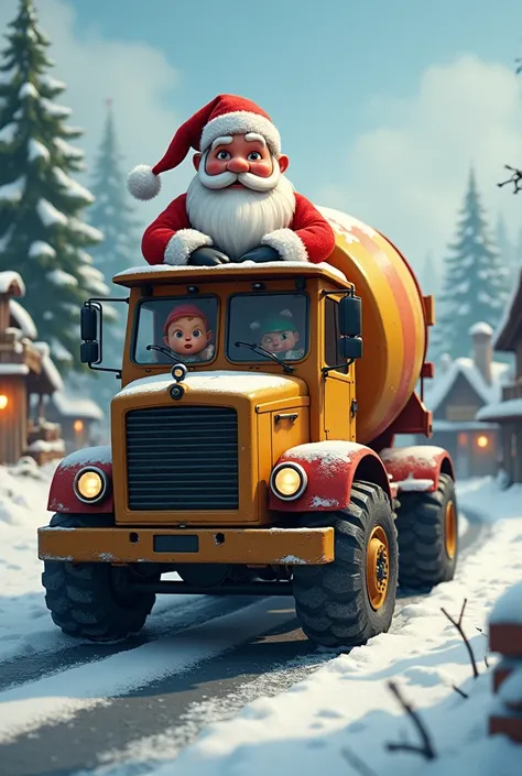 Santa Claus driving a concrete mixer truck