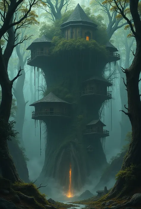 Anthill civilization. Huts suspended between trees connected to each other by tunnels. Dark, Demonic touch of island