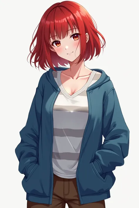 Create an image of an anime woman with bobbed hair and red skin, white skin, blue open sweatshirt, white shirt with gray stripes, brown pants, black shoes, and a face with a pretty smile 