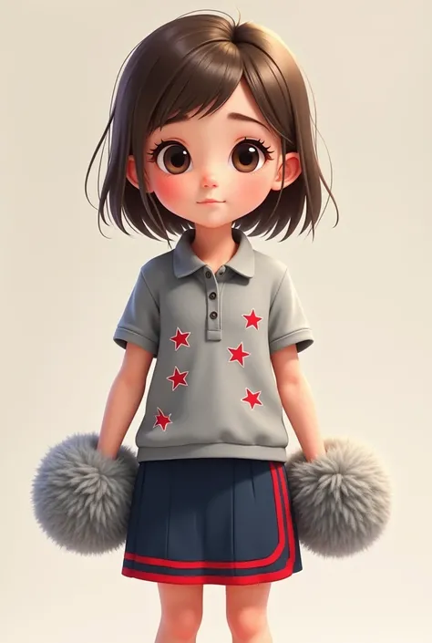 Kindergarten girl with brown hair, grey polo shirt with red stars on top and dark blue skirt with red stripe and with grey pompoms in both hands and looking straight ahead 
