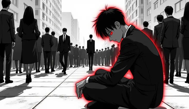 Create a black and white manga style image with, monochrome, um adulto sentado na calçada, arrependido de algo, vestido com uniforme da empresa, em clouse-up, bright red eyes, red outline. People in suits in the background.