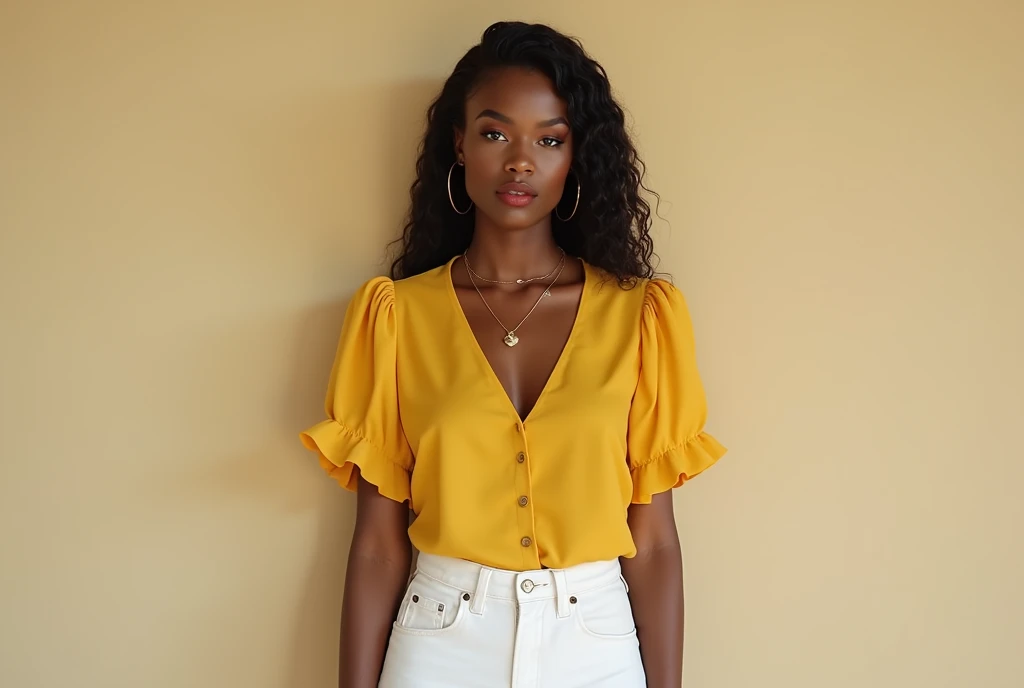 A light-skinned, brown-eyed young black woman in a basic yellow blouse, white jeans, watch, gold necklace and bracelet, (full body image), 173 cm, hourglass-shaped figure, (light make-up), natural black hair, sweet smile, fair and delicate skin, exquisite ...