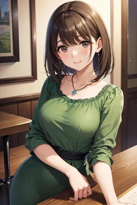 anegasaki nene、Shiny brown hair, short hair, (Beautiful brown eyes、Sparkling eyes, Fine grain)、smile、Ultra-detailed eyes、Highly detailed face, Highly detailed eyes,



Only one female, Mature Woman, /(Pencil Dress/) /(Green Dress/) necklace, /(Brown Hair/)...