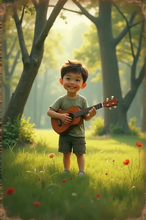 Create a photo of a  boy with a ukulele, in a park and the photo looks like it was taken by a camera from 10 years ago 