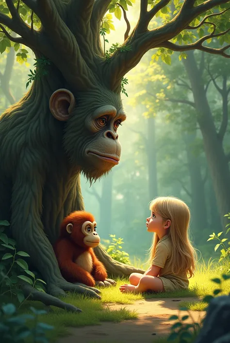 Create a picture of a four year old girl with long, dark blonde hair with your urang utan cuddly toy. You sit in front of a wise, old , talking tree and listen to him intently 
